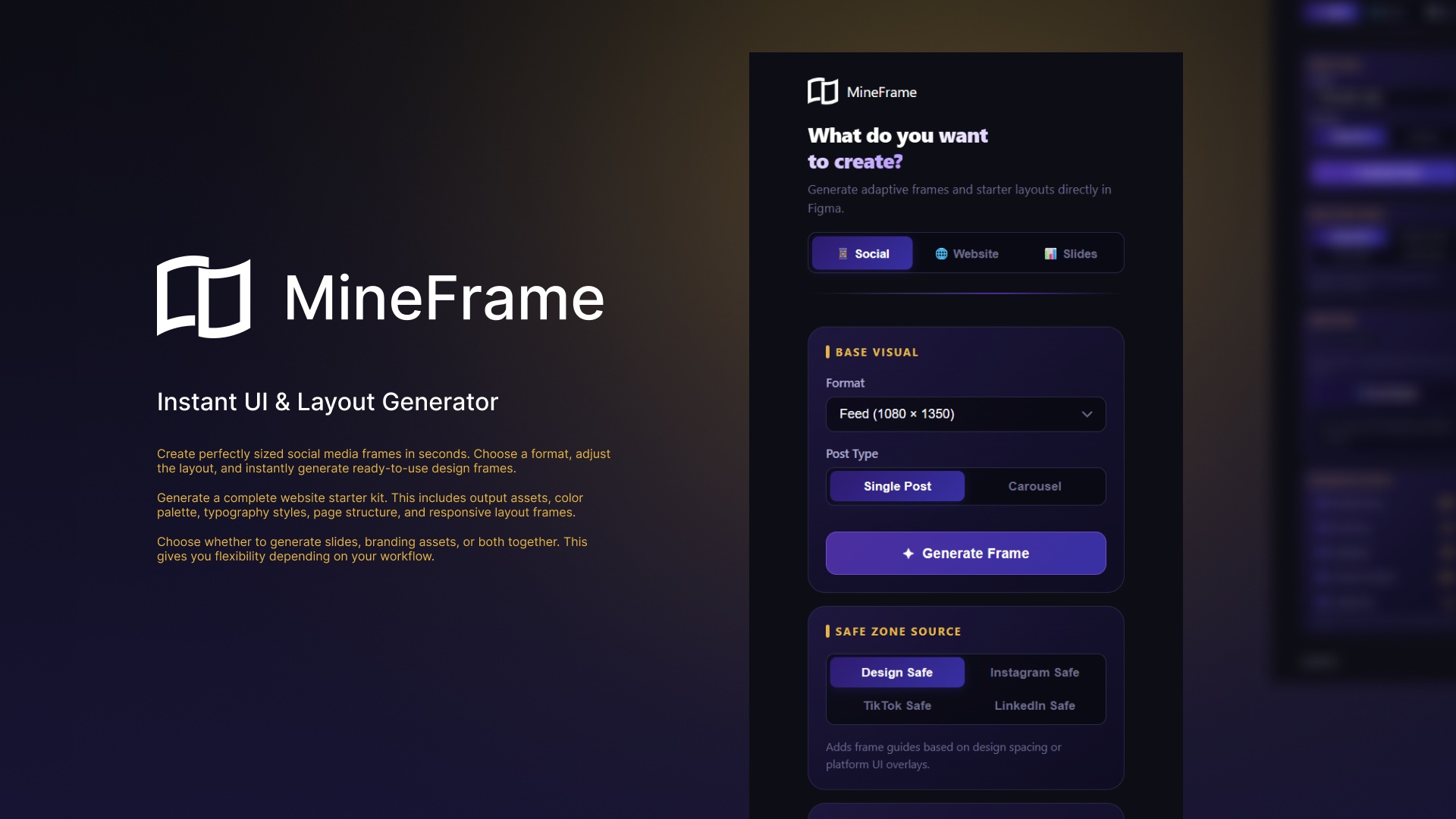 MineFrame cover with the plugin panel open on the Social tab