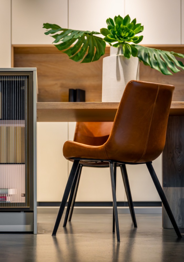 Wooden chair beside a plant in a bright interior