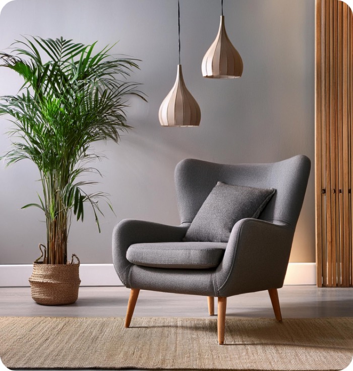 Gray armchair in a styled living room