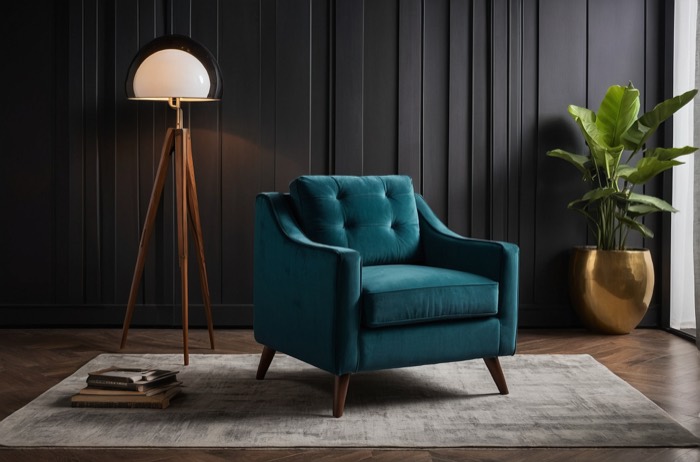 Teal armchair in a dark interior