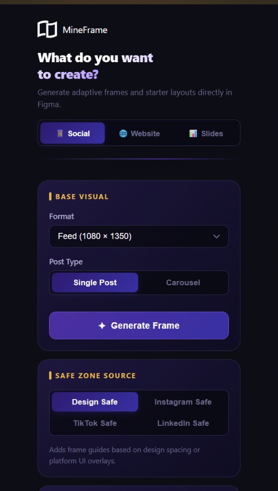 MineFrame plugin panel showing Social, Website and Slides modes
